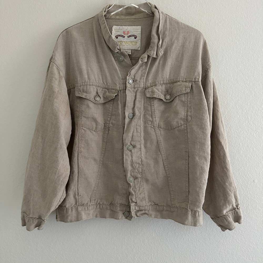 Vtg Et Vous Linen Jacket Womens 2 Tan Button Front Trucker Utility Shacket Flaws